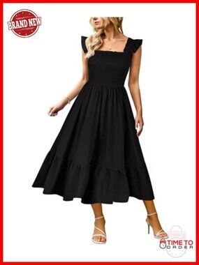 Plus Size Cotton Midi Dress Smocked Square Neck Ruffle Strap Sundress